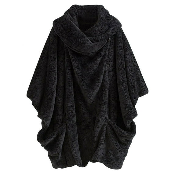 Xuanfei Women 3/4 Sleeve Pocketed Solid Color Irregular Thick Warm Fuzzy Outwear