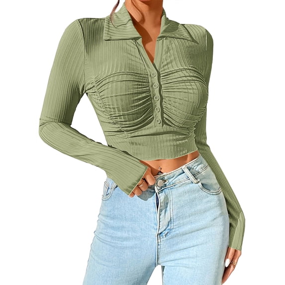 Xuanfei Women Bust Ruched Long Sleeve Button Front Crop Solid Color Slim Top