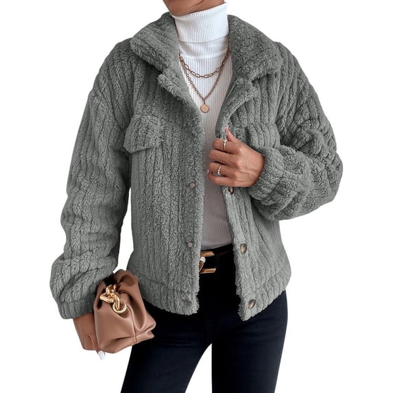 Xuanfei Women Button Down Long Sleeve Lapel Collar Solid Color Thick Fleece Outwear