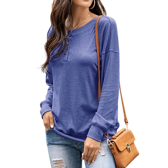 Xuanfei Women Buttons Solid Color Crew Neck Long Sleeve Top