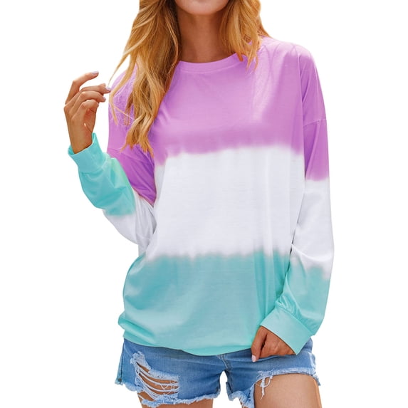 Xuanfei Women Casual Long Sleeve Round Neck Colorblock Sweatshirts