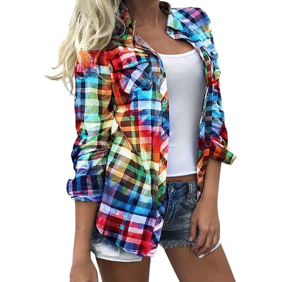 Xuanfei Women Checkered Shirt Single Breasted Long Sleeve Chest Pockets Lapel Shirt