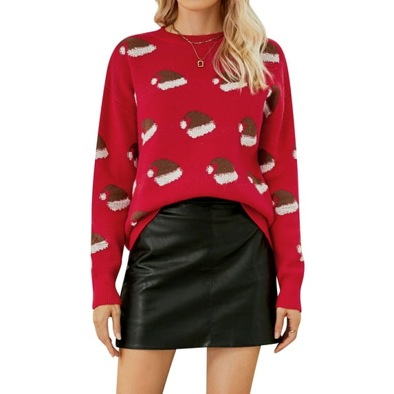 Xuanfei Women Christmas Cartoon Printed Long Sleeve Crew Neck Ribbed Edge Knit Sweater