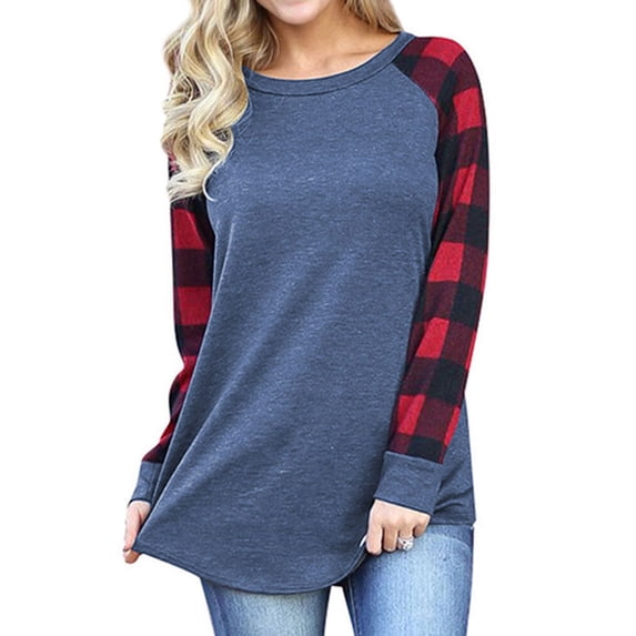 Xuanfei Women Colorblock Spliced Crew Neck Plaid Raglan Long Sleeve Top