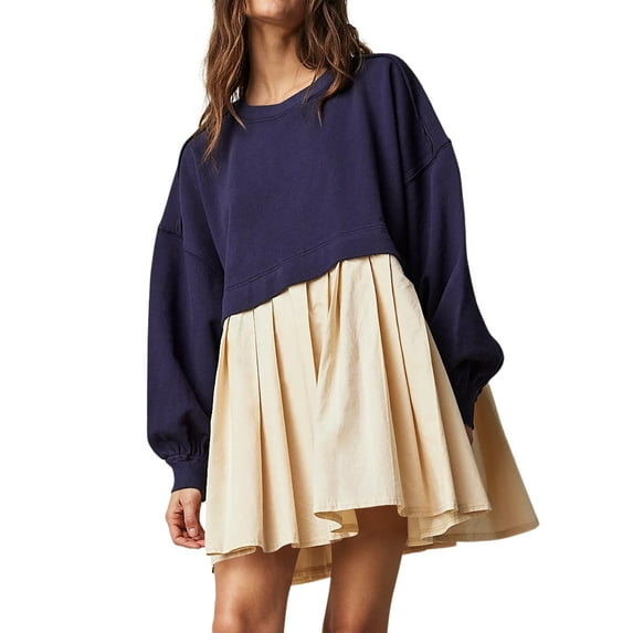 Xuanfei Women Colorblock Spliced Dress Long Sleeve Round Neck Ribbed Cuffs Drop Shoulder Mini Dress