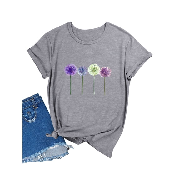Xuanfei Women Colorful Dandelion Graphic Print Round Neck Short Sleeve T-Shirt