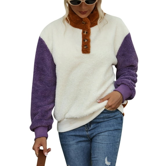 Xuanfei Women Contrast Color Button Up Long Sleeve Warm Fleece Sweatshirt