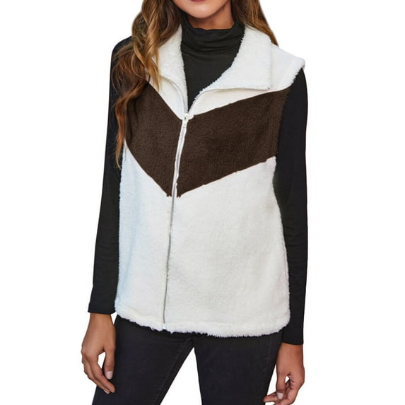 Xuanfei Women Contrast Color Lapel Collar Full Zip Pocket Fuzzy Vest Outwear