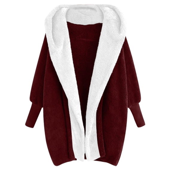 Xuanfei Women Contrast Color Long Sleeve Mid-Length Fuzzy Fleece Hooded Cardigan