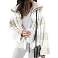 thumbnail image 1 of Xuanfei Women Contrast Color Plaid Zipper Up Long Sleeve Loose Fit Fuzzy Outwear, 1 of 2