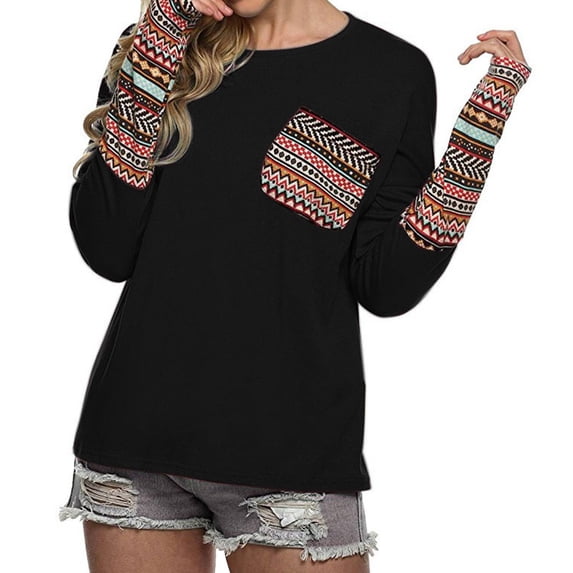 Xuanfei Women Crew Neck Vintage Splice Print Long Sleeve Blouse