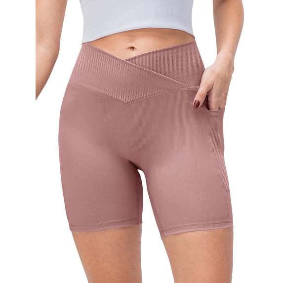 Xuanfei Women Crossover High Waist Butt Lift Workout Rib Yoga Shorts With Pocket