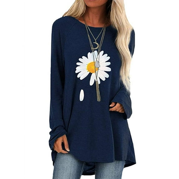 Xuanfei Women Daisy Floral Print Round Neck Long Sleeve Tunics Mid-length T-shirt