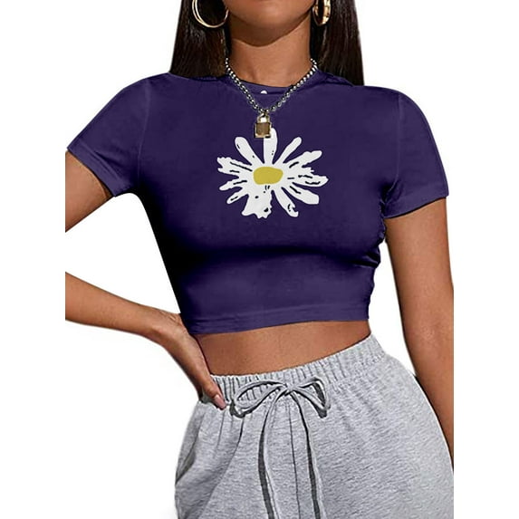 Xuanfei Women Daisy Floral Print Short Sleeve Slim Exposing The Navel T-Shirt