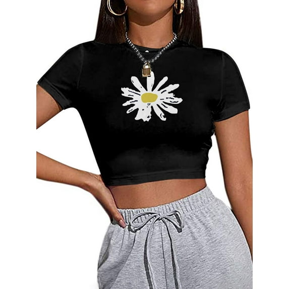 Xuanfei Women Daisy Floral Print Short Sleeve Slim Exposing The Navel T-Shirt