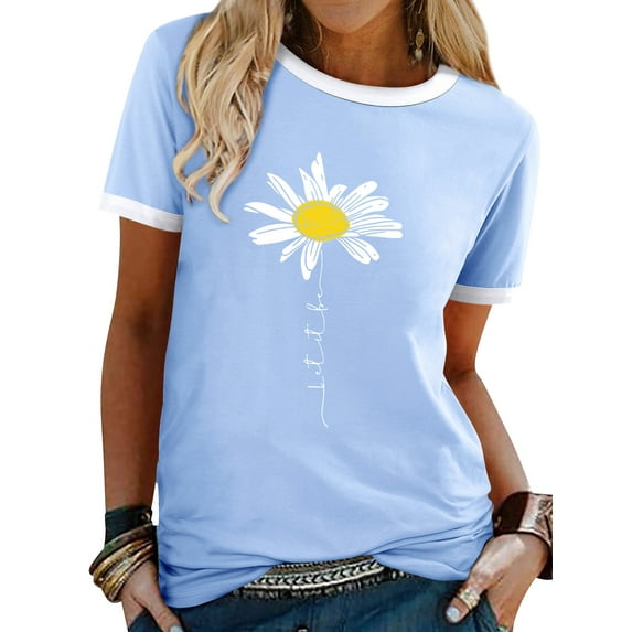 Xuanfei Women Daisy Graphic Letter Print Short Sleeve Contrast Color T-Shirt