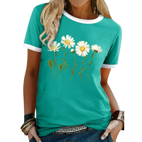 Xuanfei Women Daisy Graphic Print Crew Neck Short Sleeve Contrast Color T-Shirt