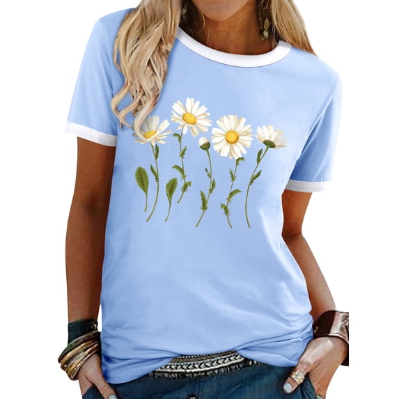 Xuanfei Women Daisy Graphic Print Crew Neck Short Sleeve Contrast Color T-Shirt