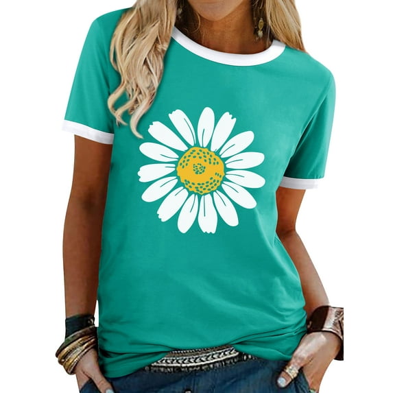 Xuanfei Women Daisy Graphic Print Short Sleeve Contrast Color T-Shirt