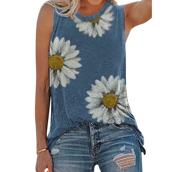 Xuanfei Women Daisy Graphic Printed Crew Neck Sleeveless Tank Top