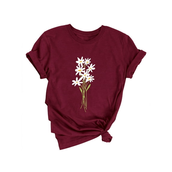 Xuanfei Women Daisy Graphic Printed Short Sleeve Solid Color T-Shirt