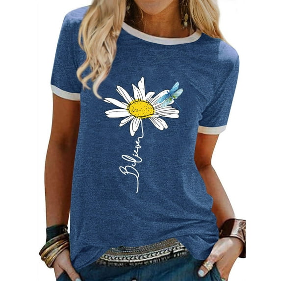 Xuanfei Women Daisy Letter Print Crew Neck Short Sleeve Colorblock Top