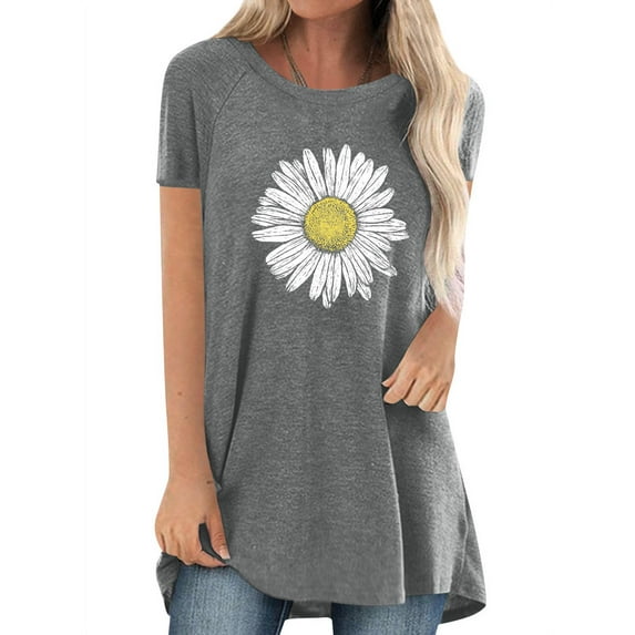 Xuanfei Women Daisy Printed Crew Neck Short Sleeve Curve Hem Top