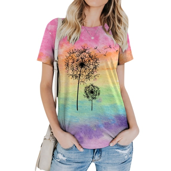Xuanfei Women Dandelion Graphic Print Gradient Rainbow Color Short Sleeve T-Shirt