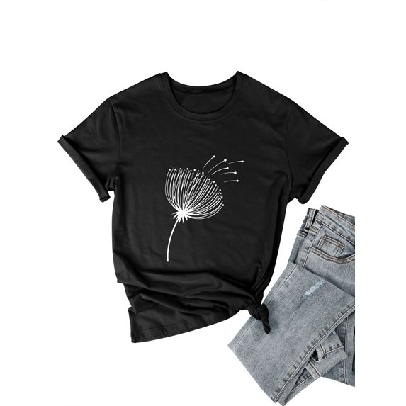 Xuanfei Women Dandelion Graphic Print Round Neck Short Sleeve Summer T-Shirt