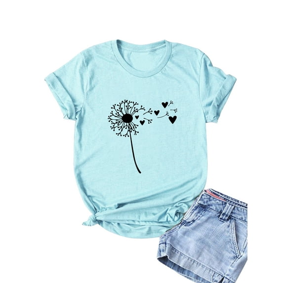 Xuanfei Women Dandelion Graphic Print Round Neck Short Sleeve T-Shirt