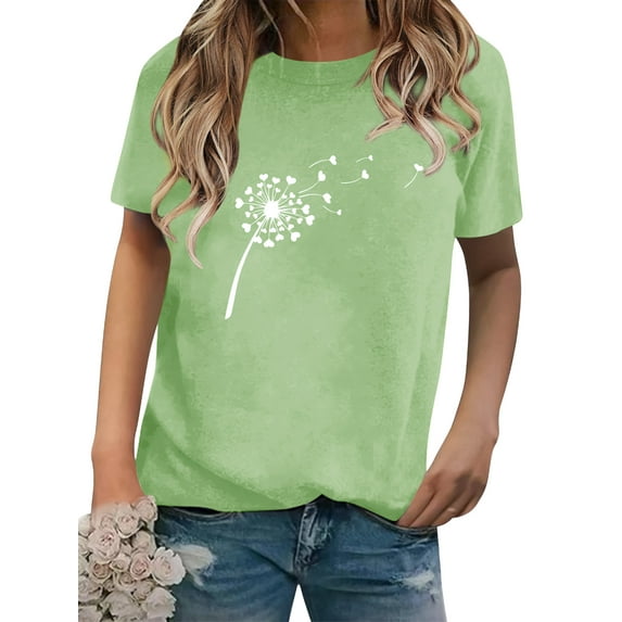 Xuanfei Women Dandelion Heart Graphic Short Sleeve Round Neck T-Shirt