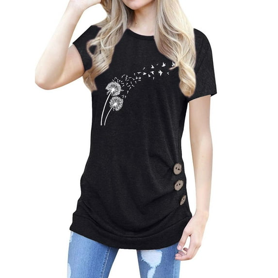 Xuanfei Women Dandelion Print Crew Neck Short Sleeve Buttons T-shirt