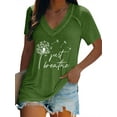 thumbnail image 1 of Xuanfei Women Dandelion Print Just Breathe Letter Print V Neck Short Sleeve T-Shirt, 1 of 6