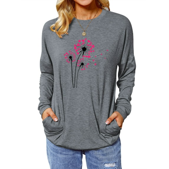 Xuanfei Women Dandelion Print Round Neck Pockets Long Sleeve Pullover Top
