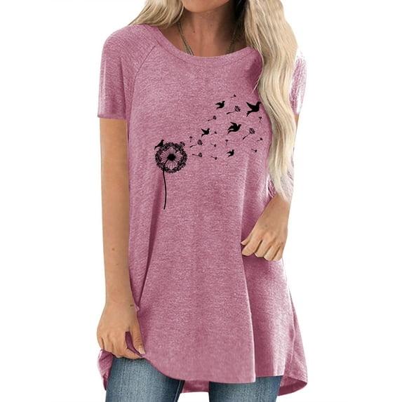 Xuanfei Women Dandelion Print Round Neck Short Sleeve Curve Hem T-Shirt