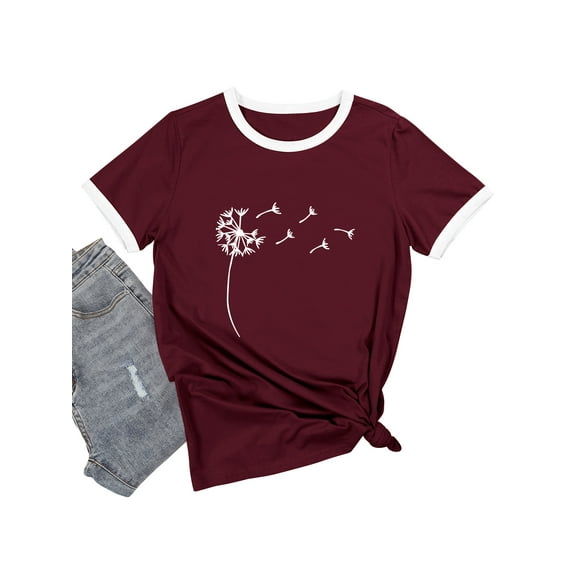 Xuanfei Women Dandelion Print Short Sleeve Crew Neck T-Shirt