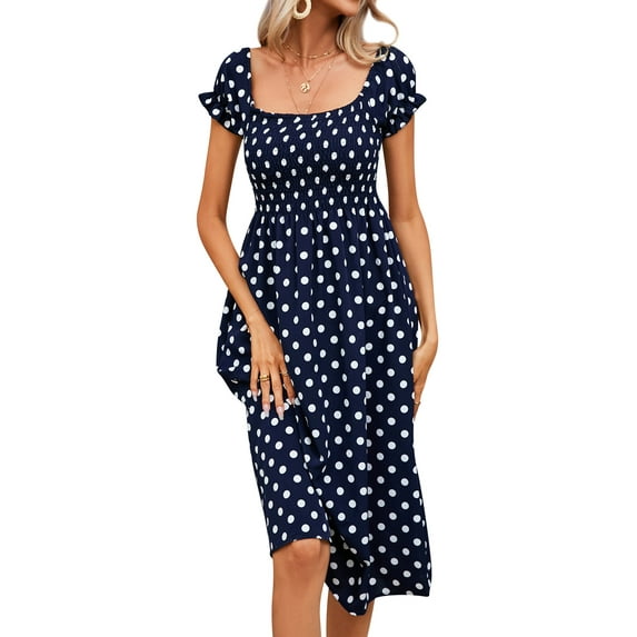 Xuanfei Women Dots Print Off Shoulder Short Sleeve Smocked Midi Dress