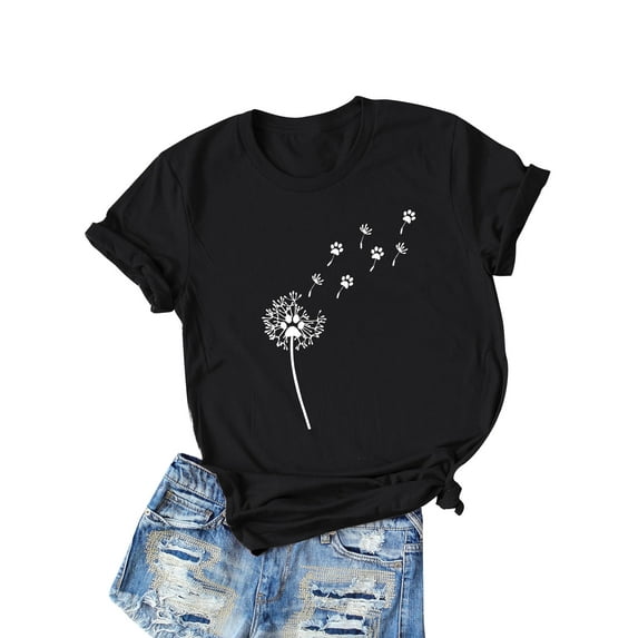 Xuanfei Women Floral Dandelion Paw Print Short Sleeve Round Neck T-Shirt