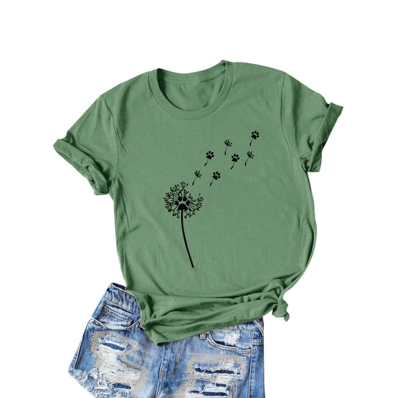 Xuanfei Women Floral Dandelion Paw Print Short Sleeve Round Neck T-Shirt