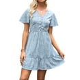 thumbnail image 1 of Xuanfei Women Floral Print Deep V Neck Short Sleeve Button Ruffled Hem Mini Dress, 1 of 7