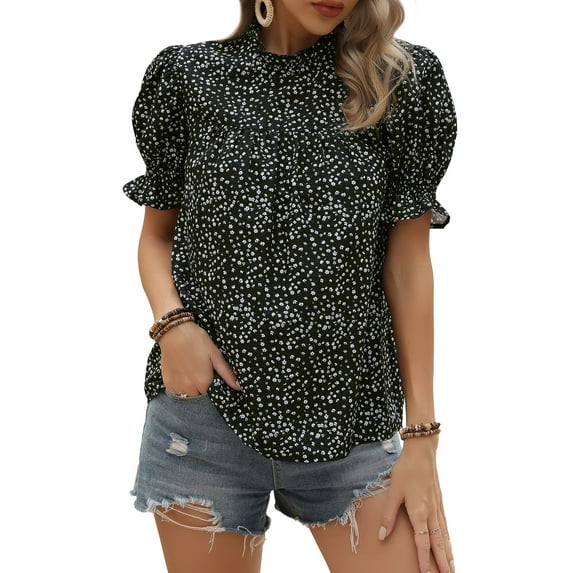 Xuanfei Women Floral Print Ruffle Mock Neck Puff Sleeves Babydoll Top