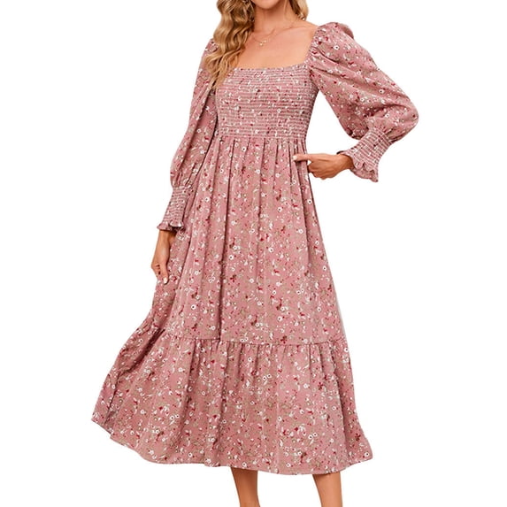 Xuanfei Women Floral Print Square Neck Smocked Bodice Long Lantern Sleeve Ruched Maxi Dress