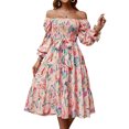 thumbnail image 1 of Xuanfei Women Floral Print Square Neck Smocked Bodice Tie Waist Flare Sleeve Dress, 1 of 6