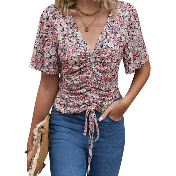 Xuanfei Women Floral Printed V Neck Drawstring Ruched Flare Sleeve Chiffon Blouse
