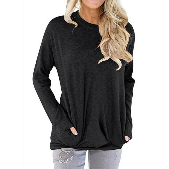 Xuanfei Women Front Pocket Round Neck Long Sleeve Top