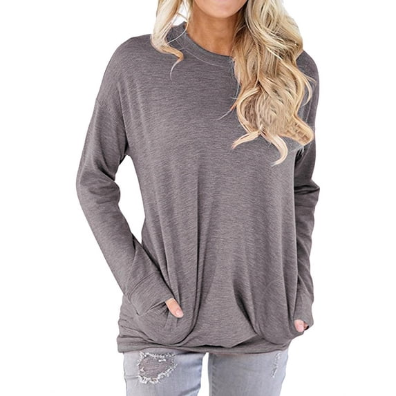 Xuanfei Women Front Pocket Round Neck Long Sleeve Top