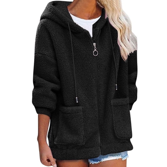 Xuanfei Women Fuzzy Hoodie Coat Solid Color Full Zip Cardigans With Front Pockets