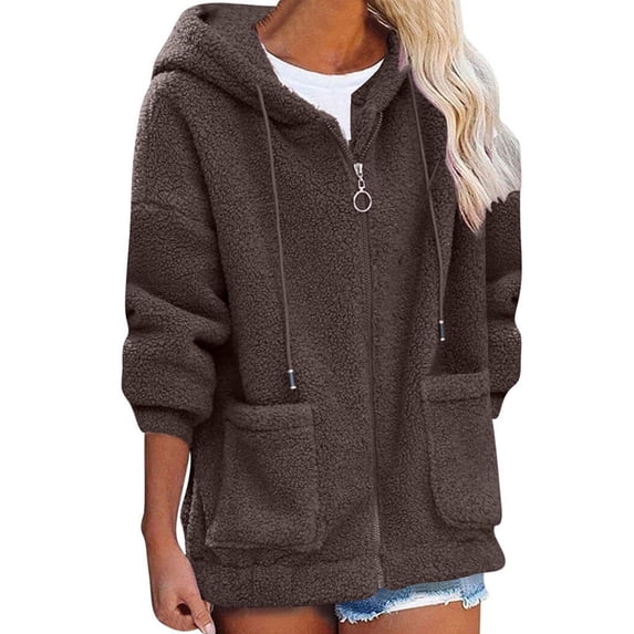 Xuanfei Women Fuzzy Hoodie Coat Solid Color Full Zip Cardigans With Front Pockets