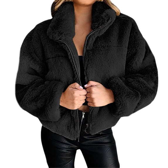 Xuanfei Women Fuzzy Stand Collar Side Pockets Full Zip Slouchy Cropped Coat