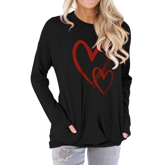 Xuanfei Women Heart Graphic Crew Neck Long Sleeve Side Pocket Top
